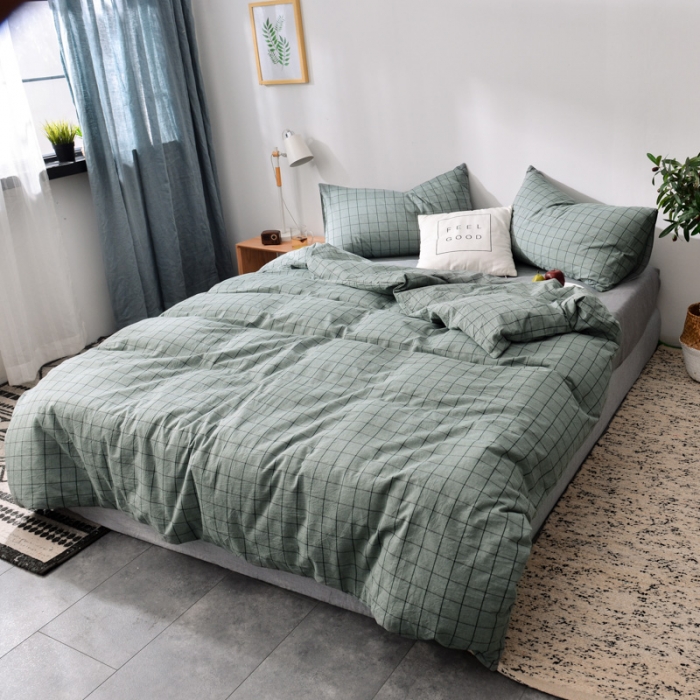 91家纺网 家纺一手货源 找家纺 柠萌家居 2019全棉水洗棉单被套 格纹-豆绿