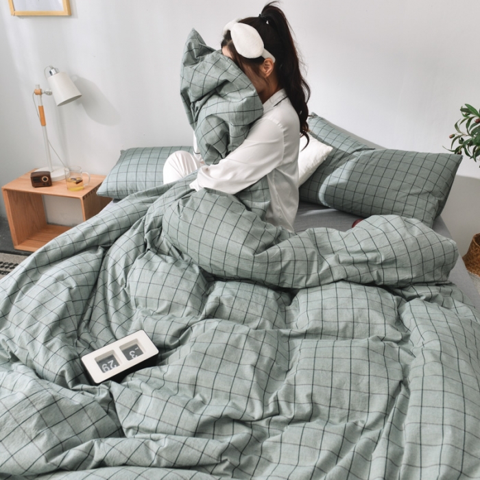 91家纺网 家纺一手货源 找家纺 柠萌家居 2019全棉水洗棉单被套 格纹-豆绿