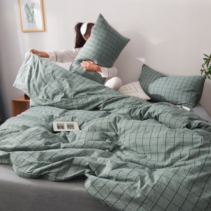 91家纺网 家纺一手货源 找家纺 柠萌家居 2019全棉水洗棉单被套 格纹-豆绿