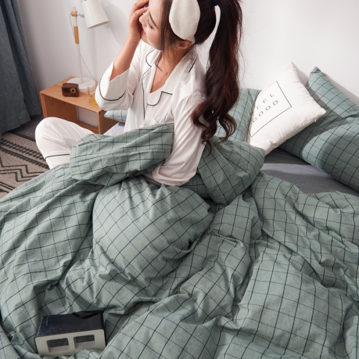 91家纺网 家纺一手货源 找家纺 柠萌家居 2019全棉水洗棉单被套 格纹-豆绿