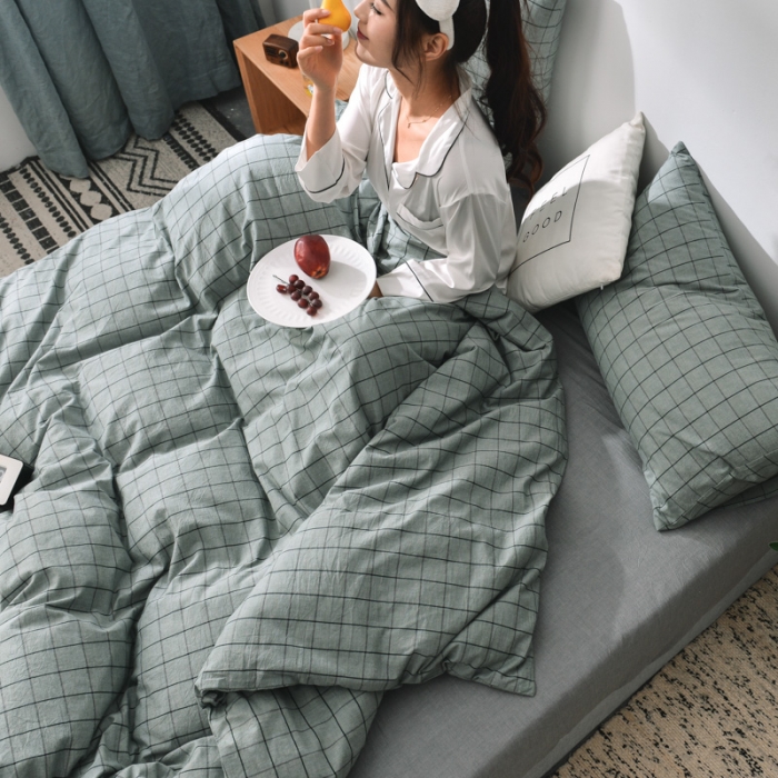 91家纺网 家纺一手货源 找家纺 柠萌家居 2019全棉水洗棉单被套 格纹-豆绿