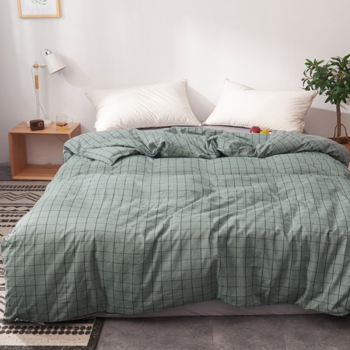 91家纺网 家纺一手货源 找家纺 柠萌家居 2019全棉水洗棉单被套 格纹-豆绿