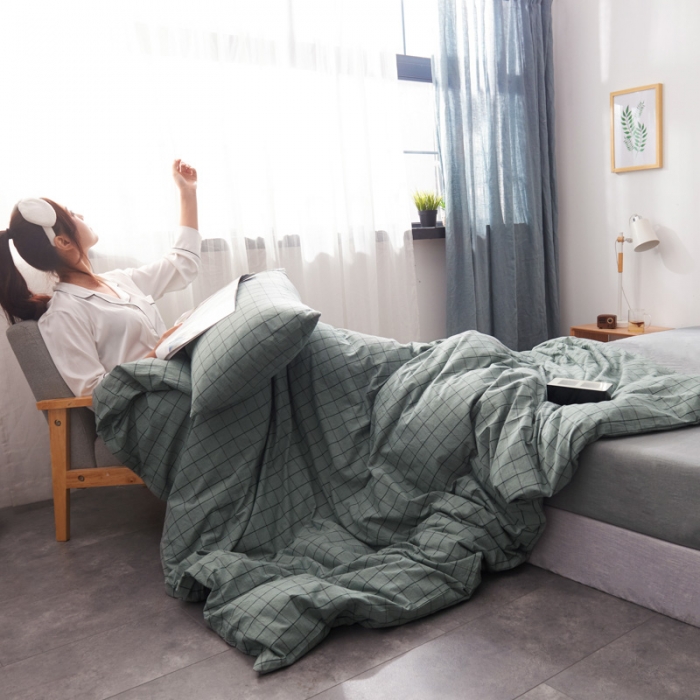 91家纺网 家纺一手货源 找家纺 柠萌家居 2019全棉水洗棉单被套 格纹-豆绿