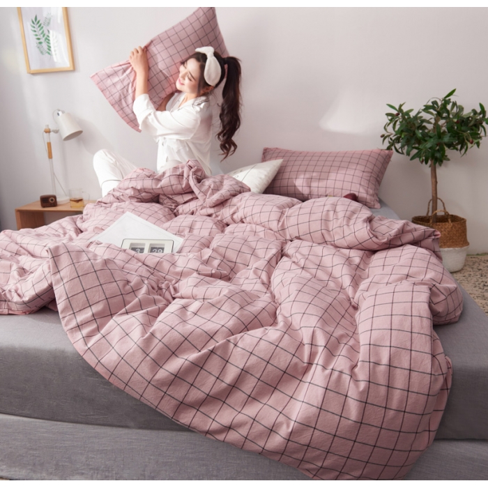 91家纺网 家纺一手货源 找家纺 柠萌家居 2019全棉水洗棉单被套 格纹-豆沙