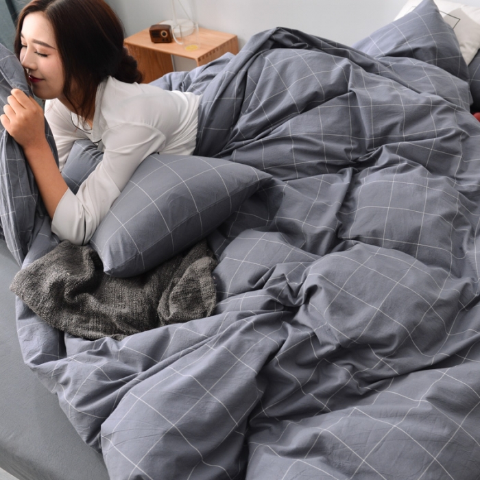 91家纺网 家纺一手货源 找家纺 柠萌家居 2019全棉水洗棉单被套 格纹-冷灰