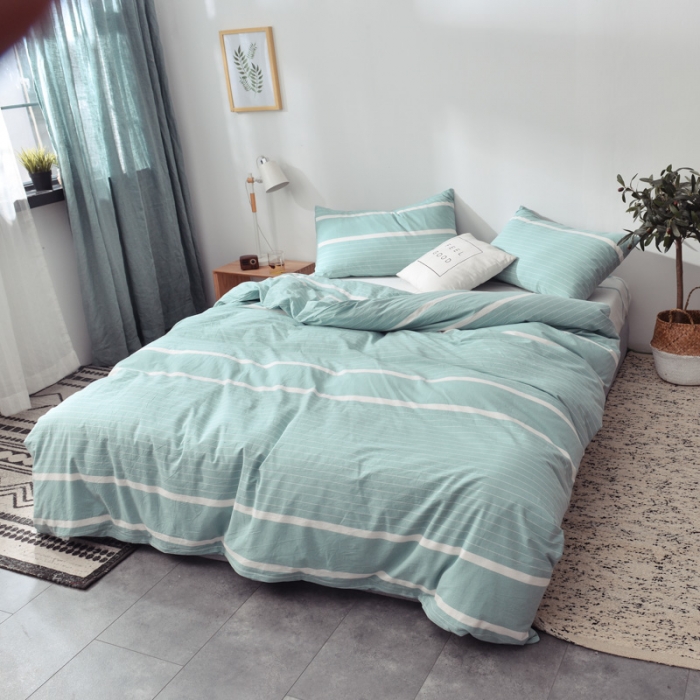 91家纺网 家纺一手货源 找家纺 柠萌家居 2019全棉水洗棉单被套 宽双线-绿白条