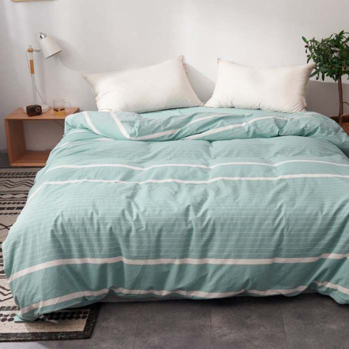 91家纺网 家纺一手货源 找家纺 柠萌家居 2019全棉水洗棉单被套 宽双线-绿白条