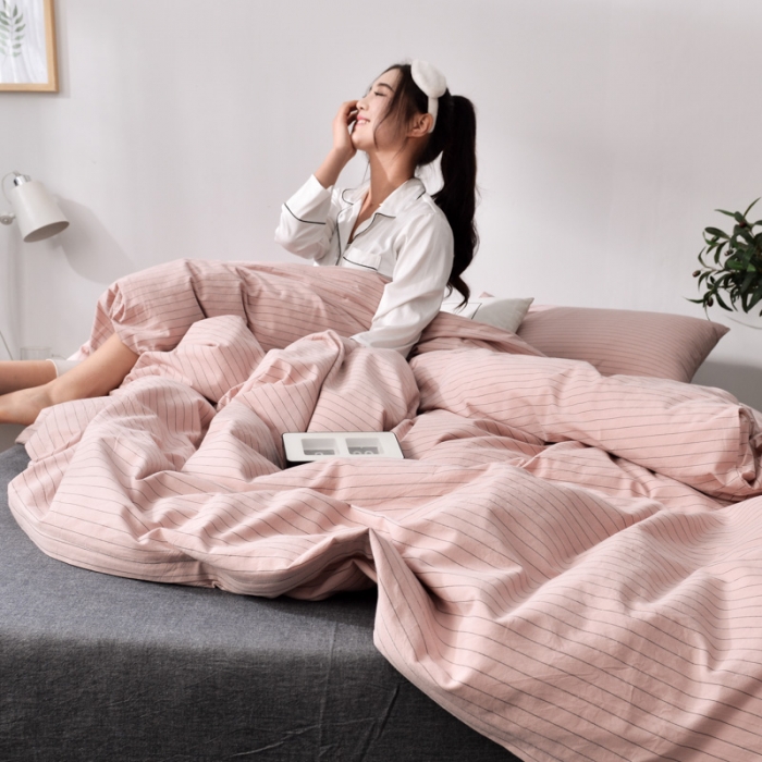 91家纺网 家纺一手货源 找家纺 柠萌家居 2019全棉水洗棉单被套 细条纹-豆沙