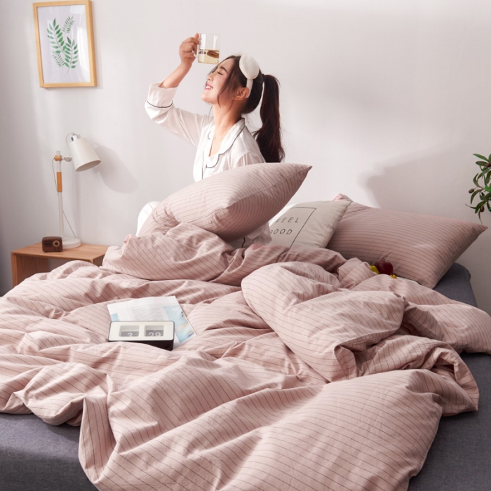 91家纺网 家纺一手货源 找家纺 柠萌家居 2019全棉水洗棉单被套 细条纹-豆沙