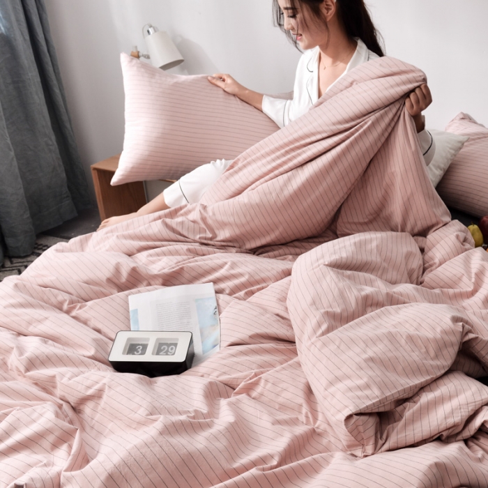 91家纺网 家纺一手货源 找家纺 柠萌家居 2019全棉水洗棉单被套 细条纹-豆沙