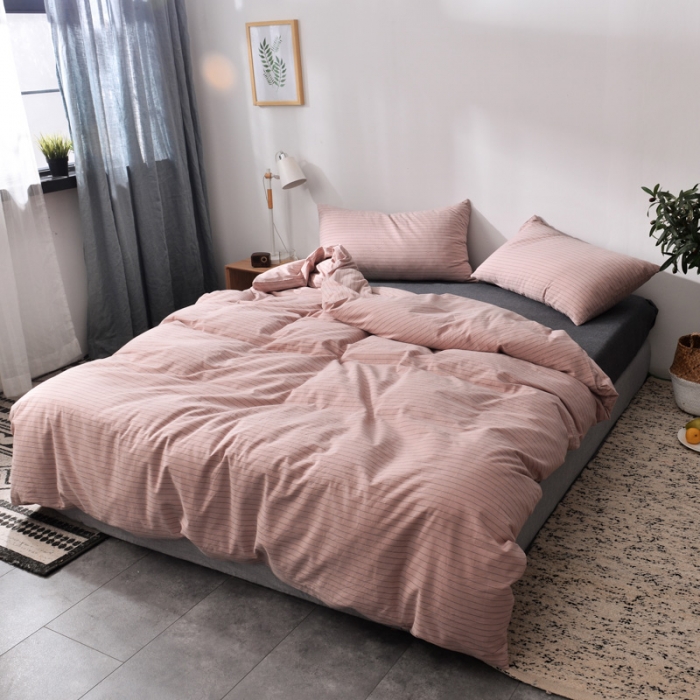 91家纺网 家纺一手货源 找家纺 柠萌家居 2019全棉水洗棉单被套 细条纹-豆沙