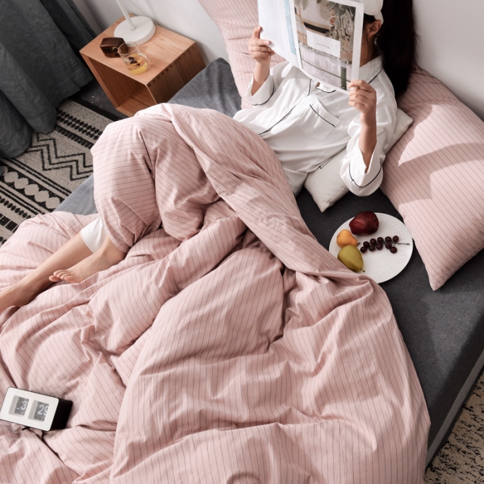 91家纺网 家纺一手货源 找家纺 柠萌家居 2019全棉水洗棉单被套 细条纹-豆沙