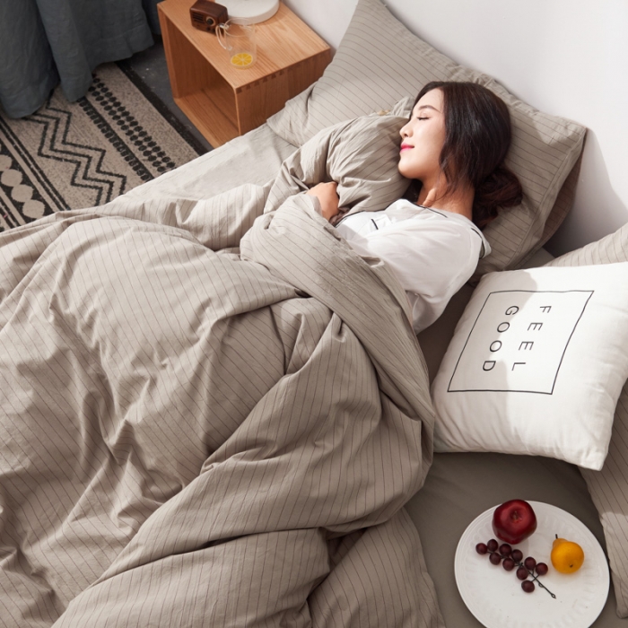 91家纺网 家纺一手货源 找家纺 柠萌家居 2019全棉水洗棉单被套 细条纹-驼色