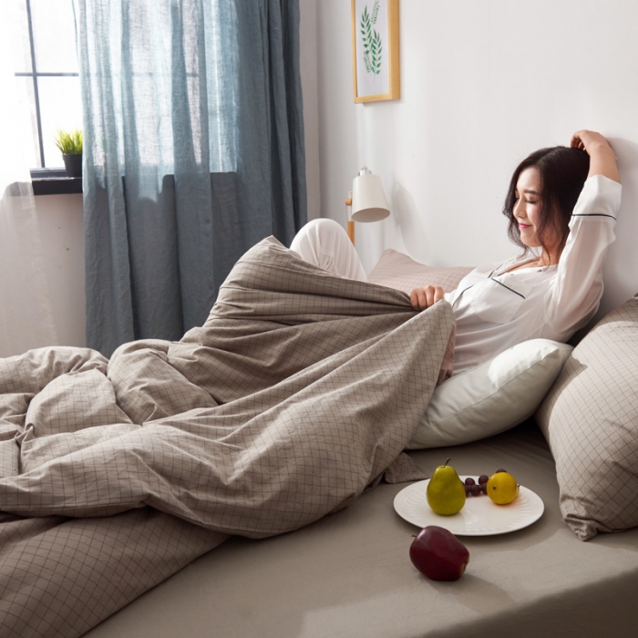 91家纺网 家纺一手货源 找家纺 柠萌家居 2019全棉水洗棉单被套 小格纹-驼色