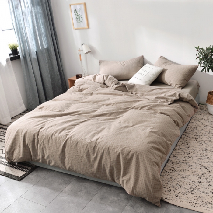 91家纺网 家纺一手货源 找家纺 柠萌家居 2019全棉水洗棉单被套 小格纹-驼色