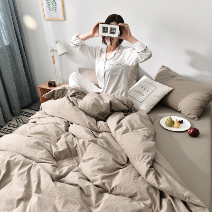 91家纺网 家纺一手货源 找家纺 柠萌家居 2019全棉水洗棉单被套 小格纹-驼色