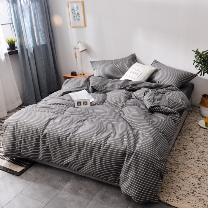91家纺网 家纺一手货源 找家纺 柠萌家居 2019全棉水洗棉单被套 中条纹-深灰色