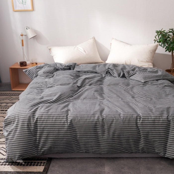 91家纺网 家纺一手货源 找家纺 柠萌家居 2019全棉水洗棉单被套 中条纹-深灰色