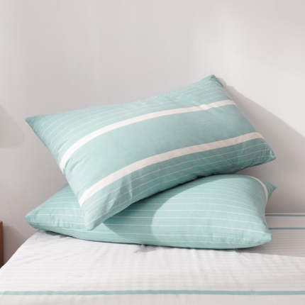 柠萌家居2019全棉水洗棉单枕套（48*74）宽双线-绿白条