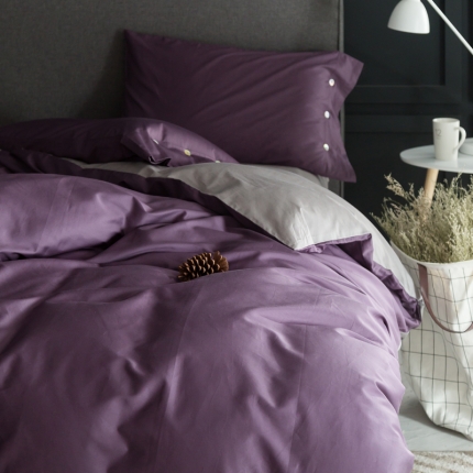 涞澳家纺 长绒棉素色双拼四件套 紫灰