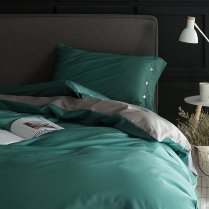 涞澳家纺 长绒棉素色双拼四件套 墨绿灰