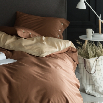 涞澳家纺 长绒棉素色双拼四件套 咖金