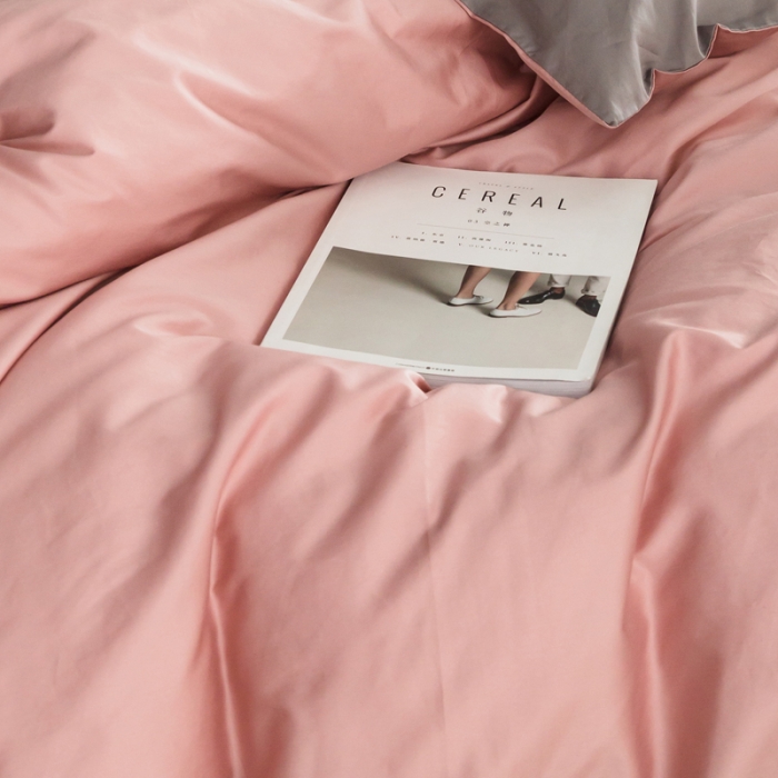 91家纺网 家纺一手货源 找家纺 涞澳家纺 长绒棉素色双拼四件套 粉配灰