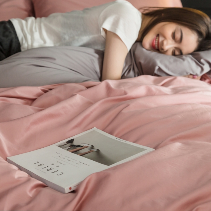 91家纺网 家纺一手货源 找家纺 涞澳家纺 长绒棉素色双拼四件套 粉配灰