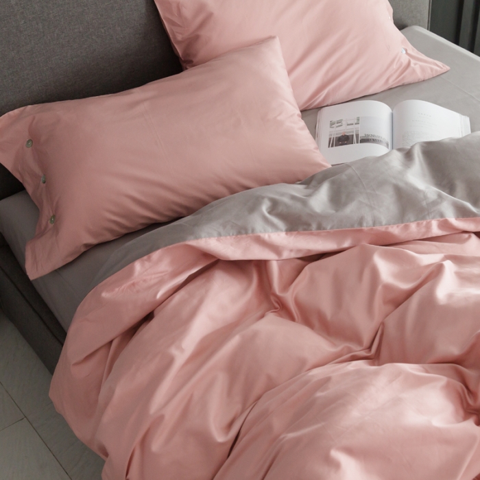 91家纺网 家纺一手货源 找家纺 涞澳家纺 长绒棉素色双拼四件套 粉配灰