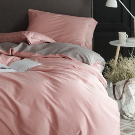 涞澳家纺 长绒棉素色双拼四件套 粉配灰