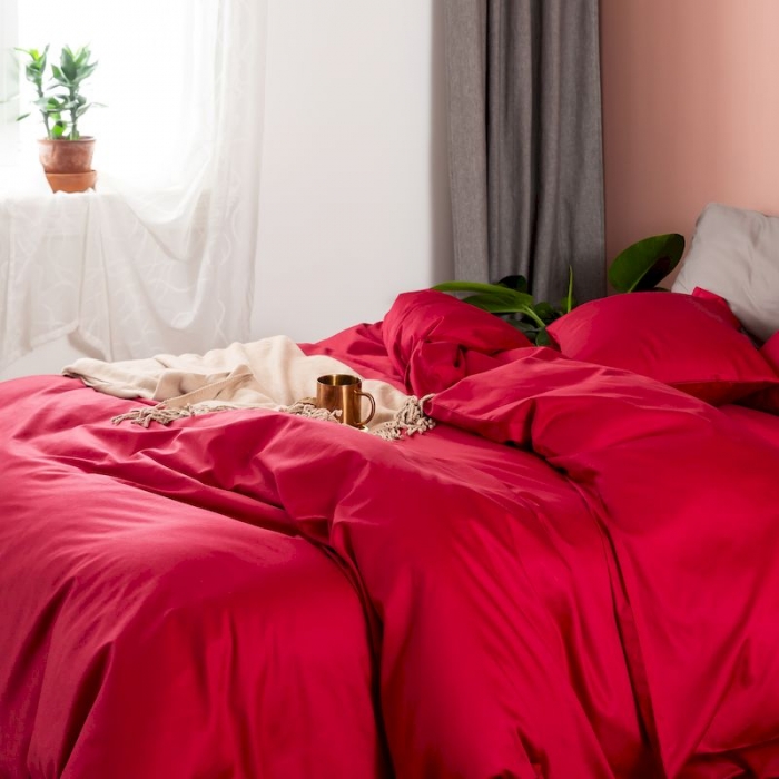 91家纺网 家纺一手货源 找家纺 涞澳家纺 2019新款60长绒棉平色简易四件套 玛雅红