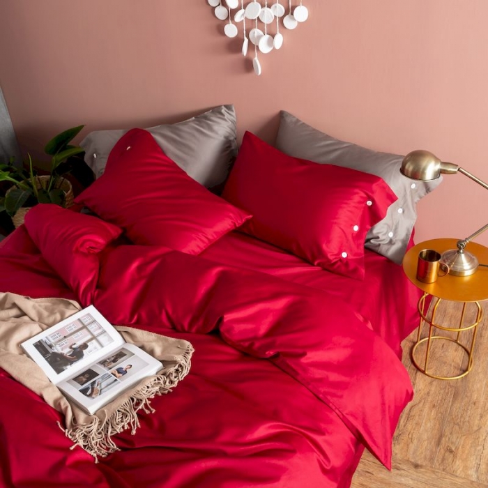 91家纺网 家纺一手货源 找家纺 涞澳家纺 2019新款60长绒棉平色简易四件套 玛雅红