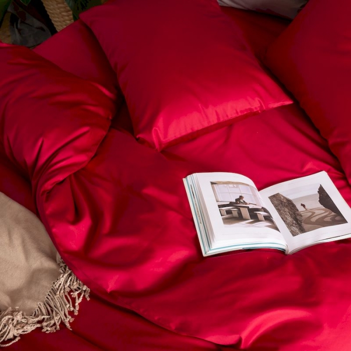 91家纺网 家纺一手货源 找家纺 涞澳家纺 2019新款60长绒棉平色简易四件套 玛雅红