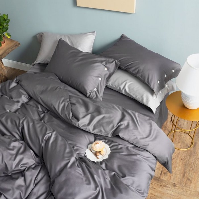 91家纺网 家纺一手货源 找家纺 涞澳家纺 2019新款60长绒棉平色简易四件套 碳灰