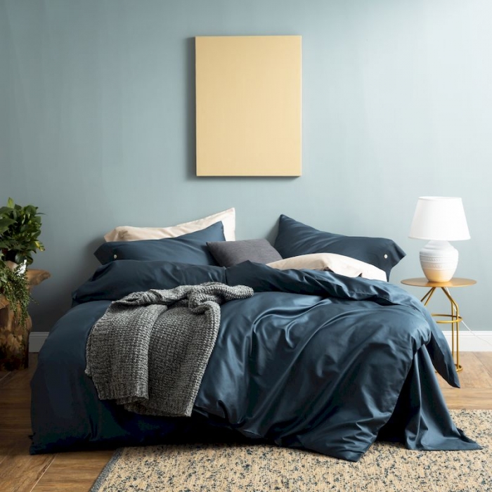 91家纺网 家纺一手货源 找家纺 涞澳家纺 2019新款60长绒棉平色简易四件套 星蓝