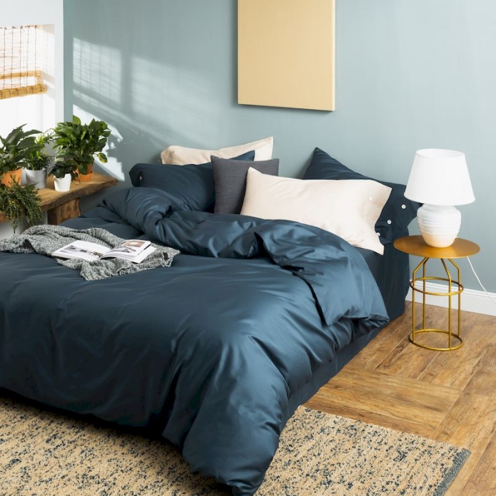 91家纺网 家纺一手货源 找家纺 涞澳家纺 2019新款60长绒棉平色简易四件套 星蓝