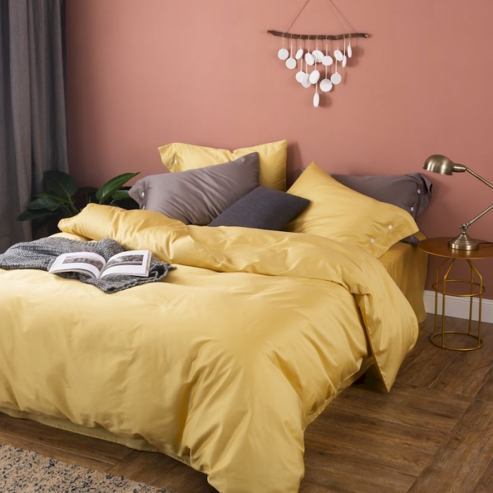 91家纺网 家纺一手货源 找家纺 涞澳家纺 2019新款60长绒棉平色简易四件套 玉米黄