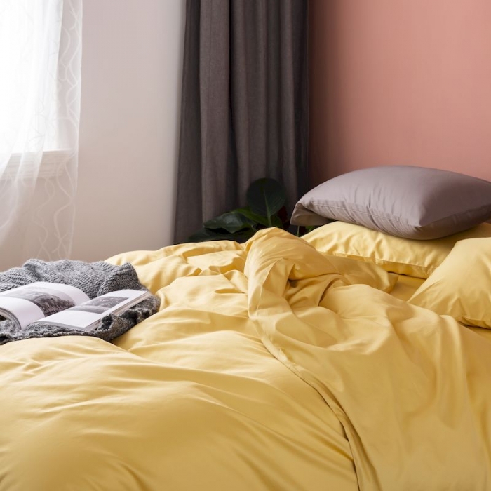 91家纺网 家纺一手货源 找家纺 涞澳家纺 2019新款60长绒棉平色简易四件套 玉米黄