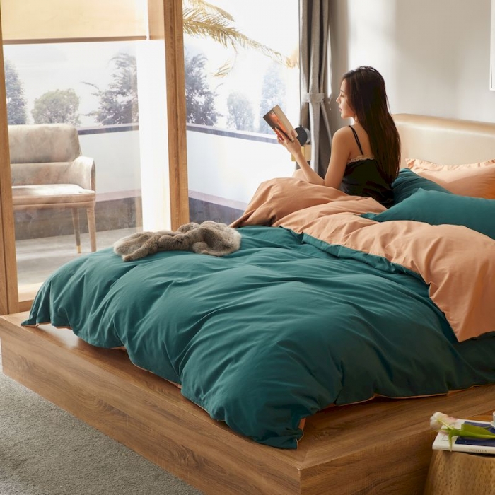 91家纺网 家纺一手货源 找家纺 涞澳家纺 2019新款50磨绒双拼四件套 禾绿棕