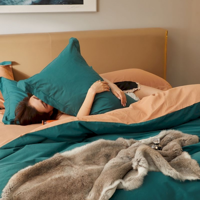 91家纺网 家纺一手货源 找家纺 涞澳家纺 2019新款50磨绒双拼四件套 禾绿棕