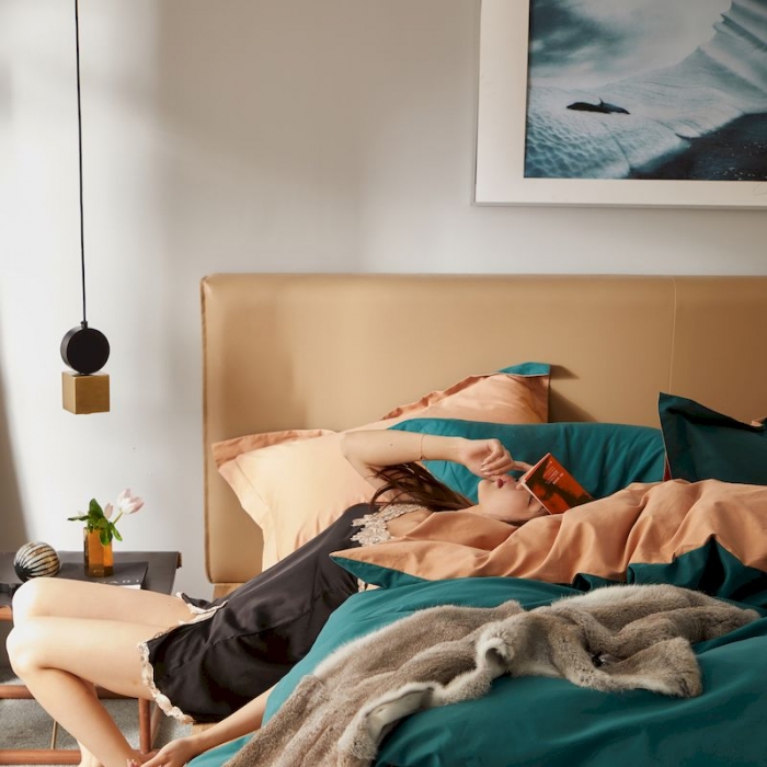 91家纺网 家纺一手货源 找家纺 涞澳家纺 2019新款50磨绒双拼四件套 禾绿棕