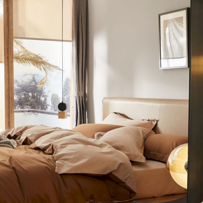 91家纺网 家纺一手货源 找家纺 涞澳家纺 2019新款50磨绒双拼四件套 金咖琥珀