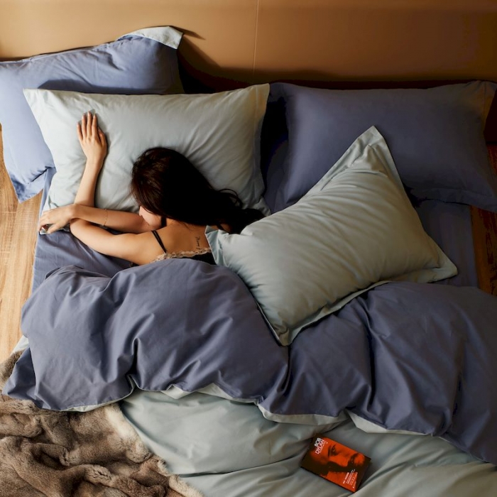 91家纺网 家纺一手货源 找家纺 涞澳家纺 2019新款50磨绒双拼四件套 青蓝