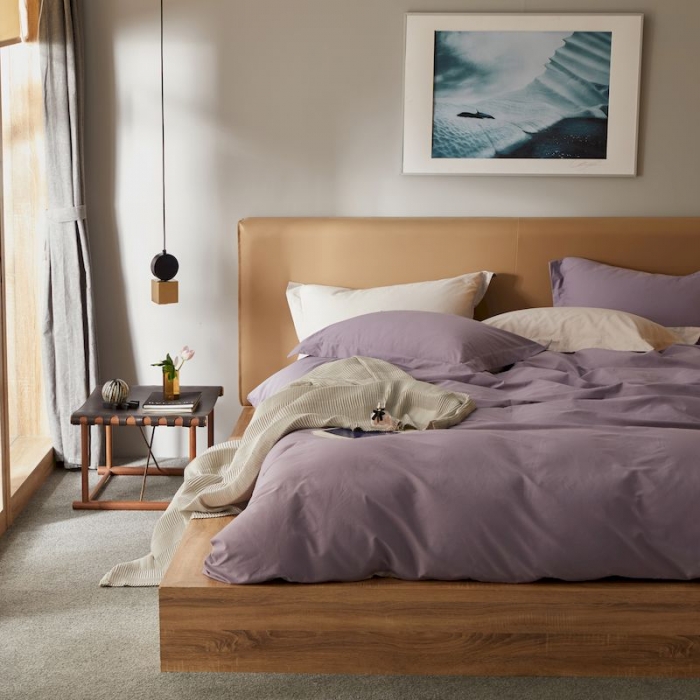 91家纺网 家纺一手货源 找家纺 涞澳家纺 2019新款50磨绒双拼四件套 青紫灰