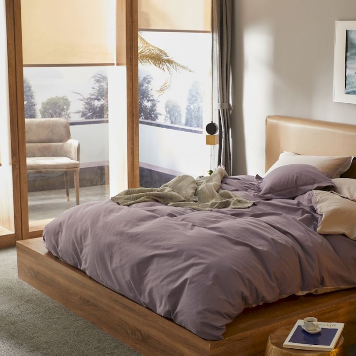 91家纺网 家纺一手货源 找家纺 涞澳家纺 2019新款50磨绒双拼四件套 青紫灰