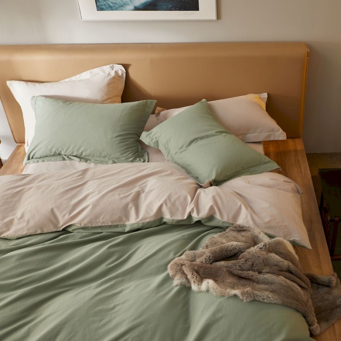 91家纺网 家纺一手货源 找家纺 涞澳家纺 2019新款50磨绒双拼四件套 澡绿灰