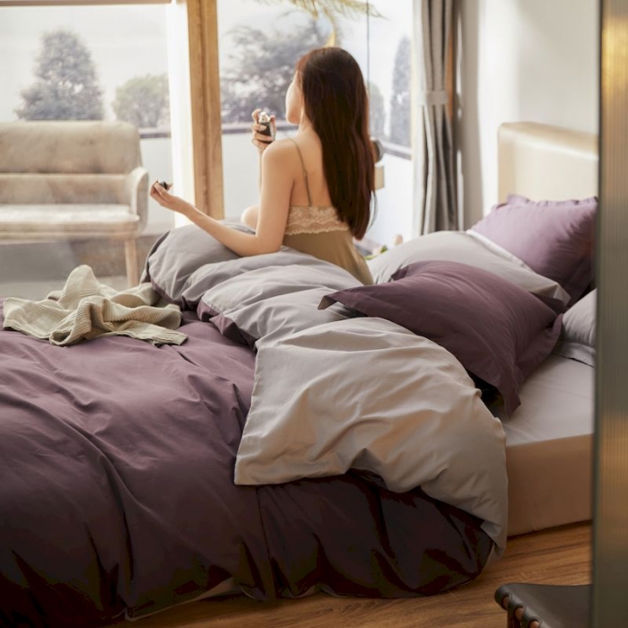 91家纺网 家纺一手货源 找家纺 涞澳家纺 2019新款50磨绒双拼四件套 中紫灰