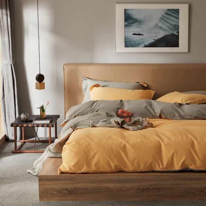 91家纺网 家纺一手货源 找家纺 涞澳家纺 2019新款50磨绒双拼四件套 子黄银