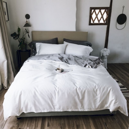 涞澳家纺 2019新款60长绒棉拼色一网红色四件套 白配灰