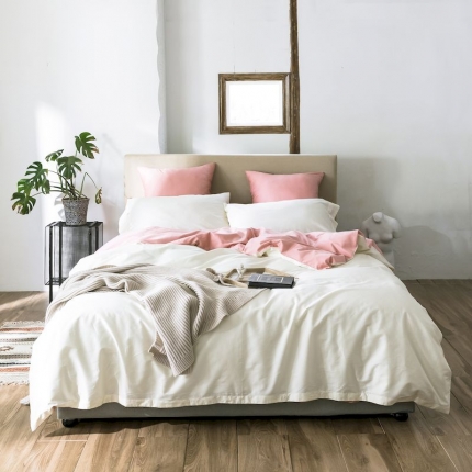 涞澳家纺 2019新款60长绒棉拼色一网红色四件套 白配玉